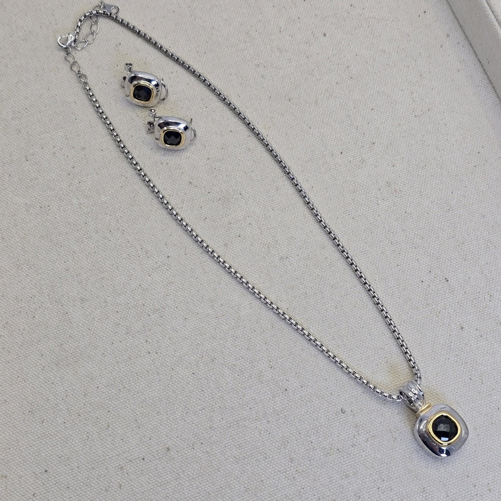Silver Tone Black Faceted Stone Necklace & Pierced Earrings Set Gold Tone Accent - Picture 10 of 13